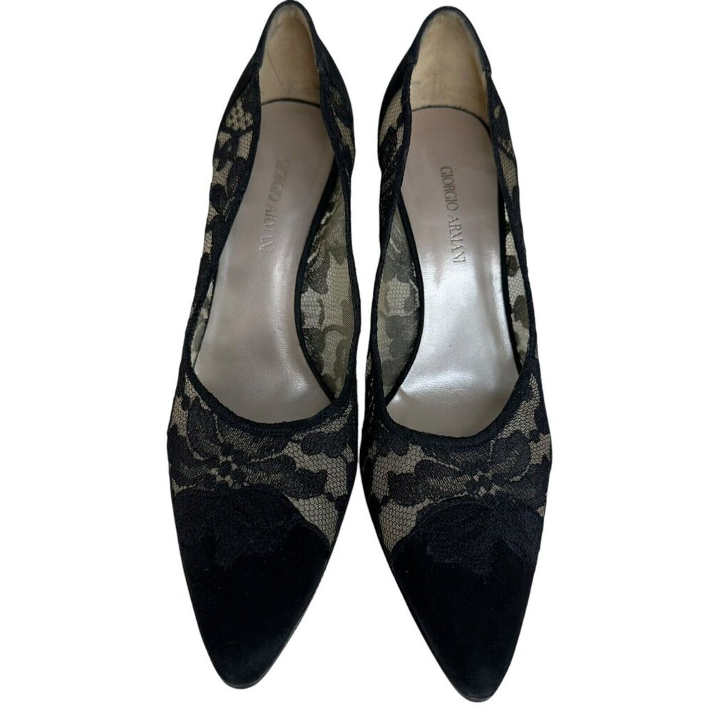 Giorgio Armani Pump Lace Floral Suede Black Size US 6.5 EU37 Pointed Kitten Heel